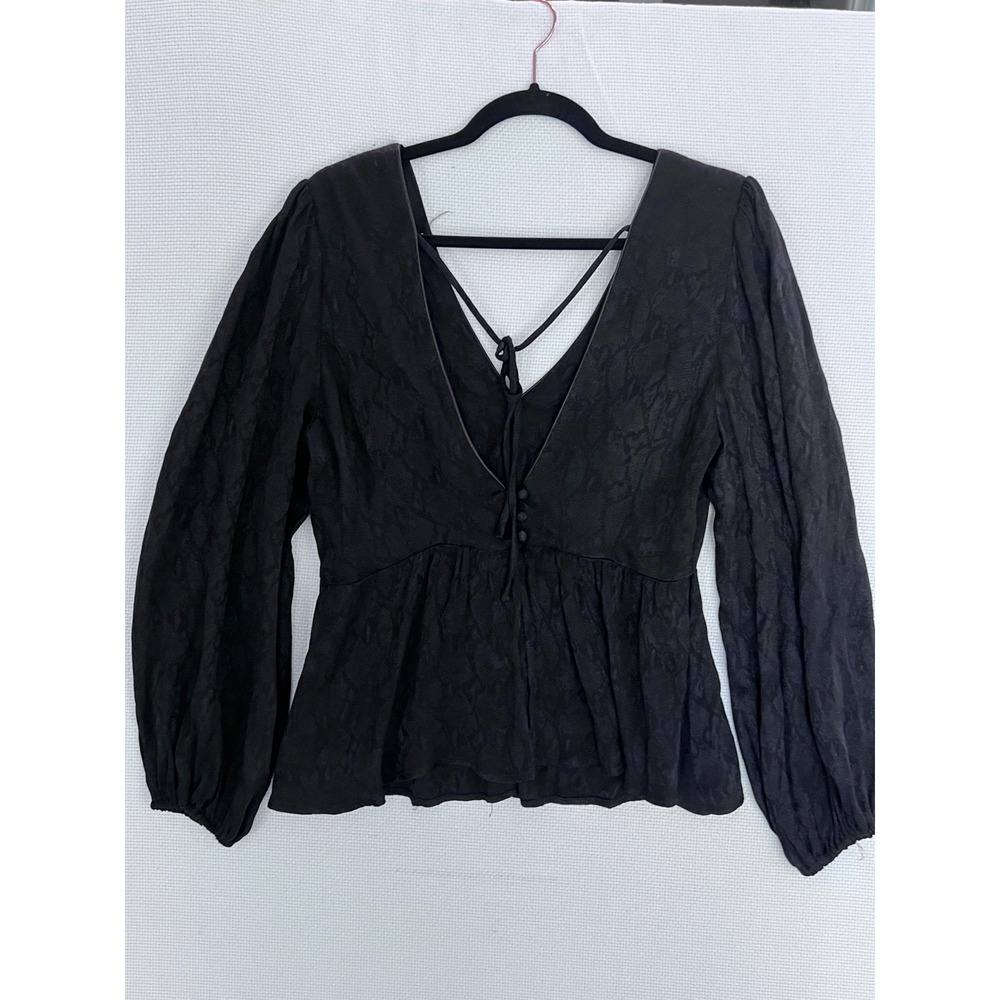 Topshop Black Jacquard Animal Print Peplum Top V-Neck Balloon Sleeve US 10